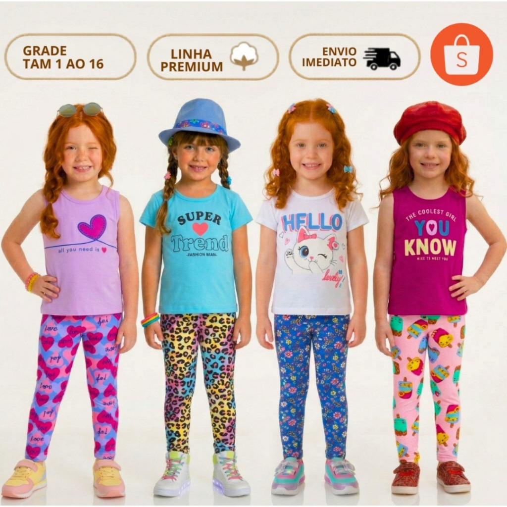 Kit 2 Conjunto Verão Legging e Camiseta Algodão Roupa Infantil Menina Juvenil Premium 1 ao 16 anos