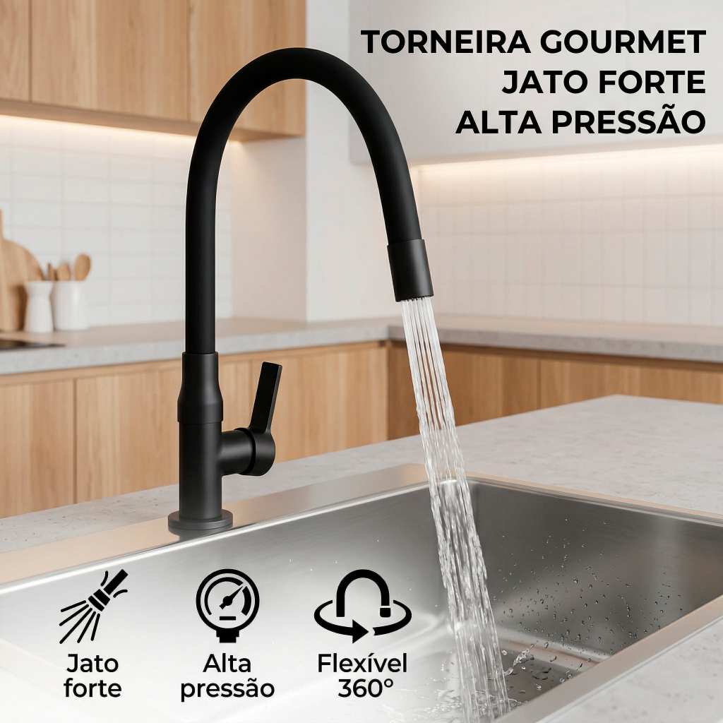 Torneira Cozinha Gourmet Preta Flexível Alta Pressão Bancada 1/4 de Volta