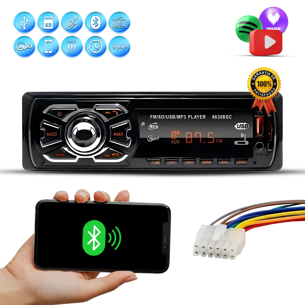 Rádio Automotivo Bluetooth FM USB SD MP3 Player 1 Din com Controle Remoto Entrada AUX Som Para Carro