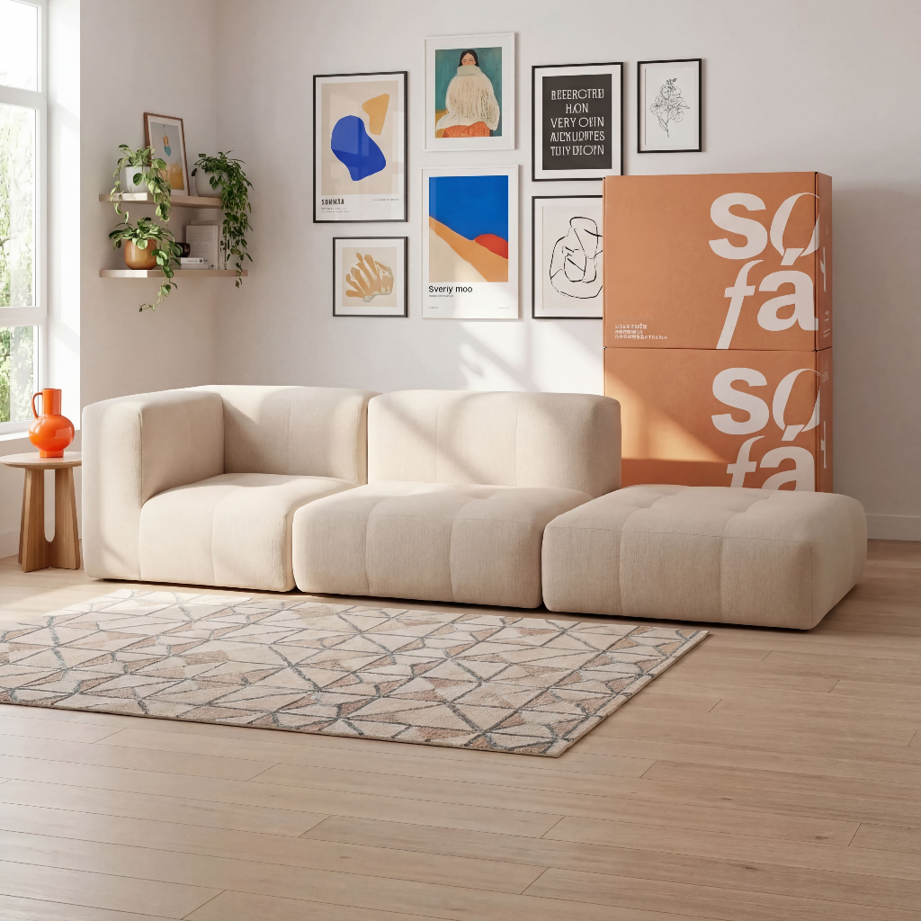 Sofá 2 lugares Modular com Apoio (Puff) - Sofá na Caixa em Boucle com 3 Módulos 2,58m - 1 Braço