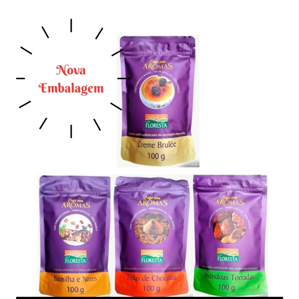 Kit Café Floresta Aromatizado 4 Cafés Aromatizados Gourmet. Sabores: Amêndoas, Baunilha, Brulee e Trufas Chocolate