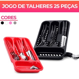 Jogo De Talheres inox Faqueiro Porta Talher Com 25 Peças Preto Branco E Rosa
