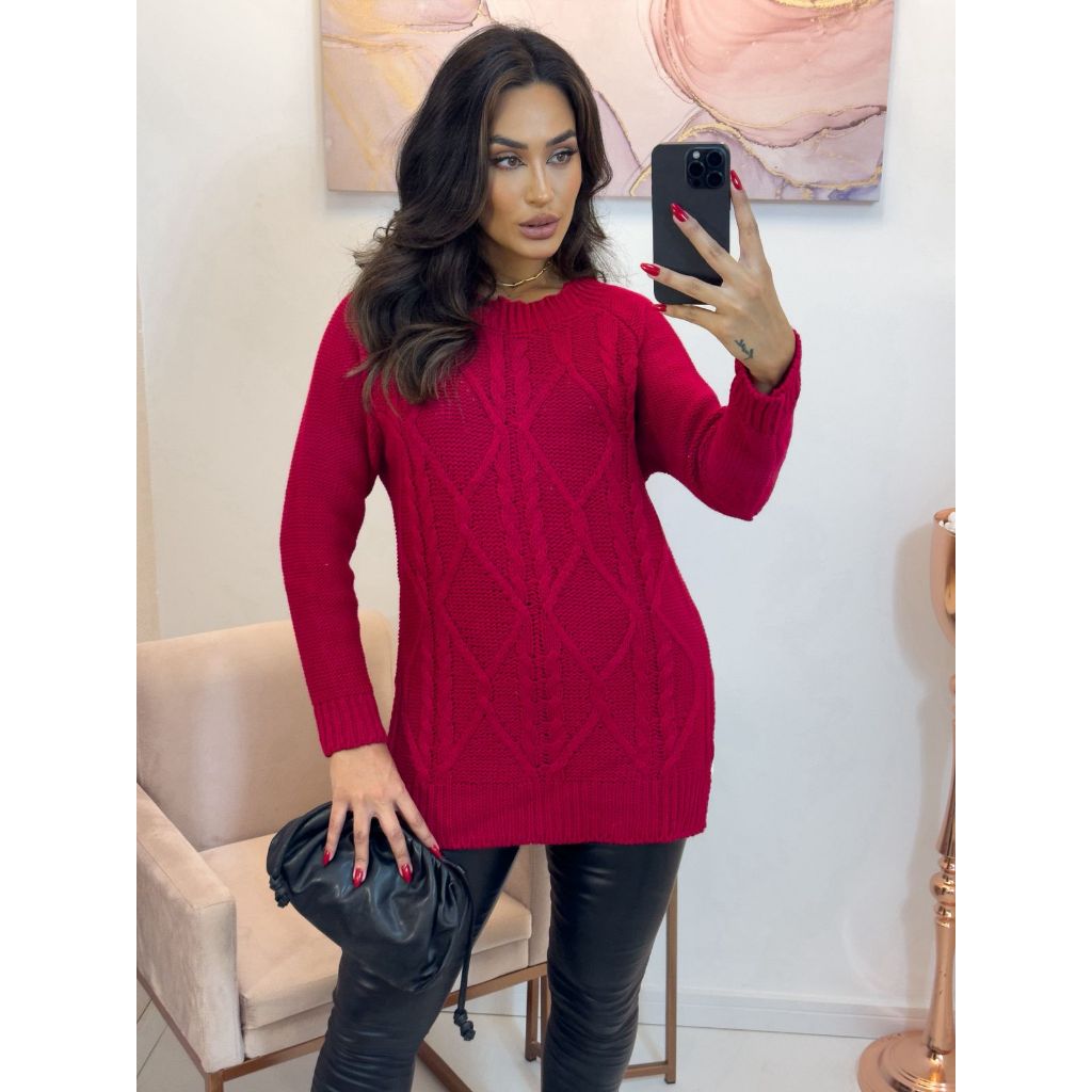 Blusa de Tricô Feminina Alongada Elegante Inverno 2026 Manga Longa Premium