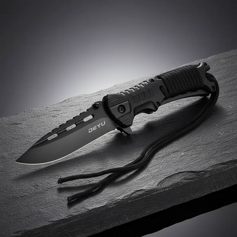 Canivete Tatico Semi Automático Lamina Drop Point Com Paracord Apito Pederneira e Clip de Bolso