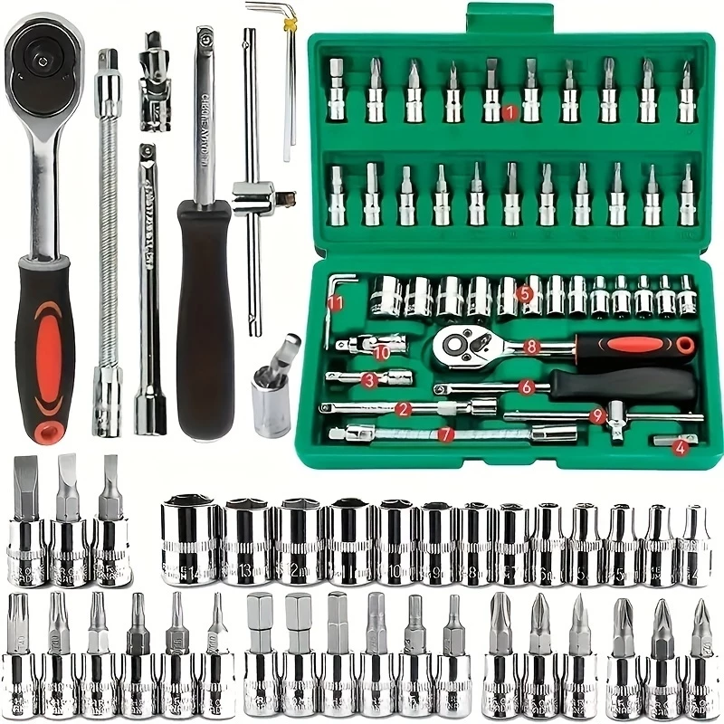 46 Peças Verde Kit Chaves Jogo Catraca Reversível Soquetes Maleta Promoção — imagem 1