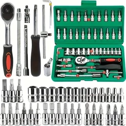 46 Peças Verde Kit Chaves Jogo Catraca Reversível Soquetes Maleta Promoção