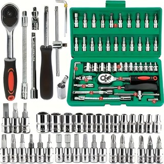 46 Peças Verde Kit Chaves Jogo Catraca Reversível Soquetes Maleta Promoção
