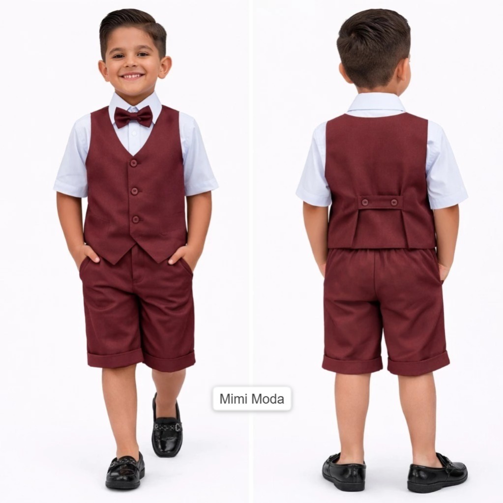 Conjunto Social Infantil Masculino Colete e Shorts Marsala Noivinho Festa Casamento Pagem Formatura