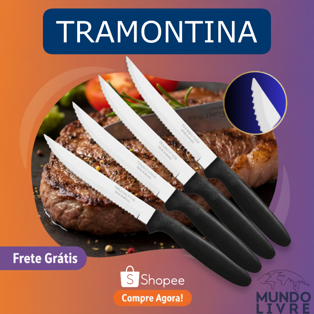Kit Faca de Mesa Churrasco 4 6 12 peças Tramontina Ipanema Inox Cabo Preto