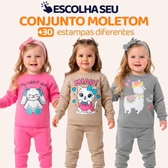Conjunto de Moletom Infantil Bebê Menina Inverno Blusa e Calça Manga Longa Roupa de Frio Feminino Agasalho Estampa L16