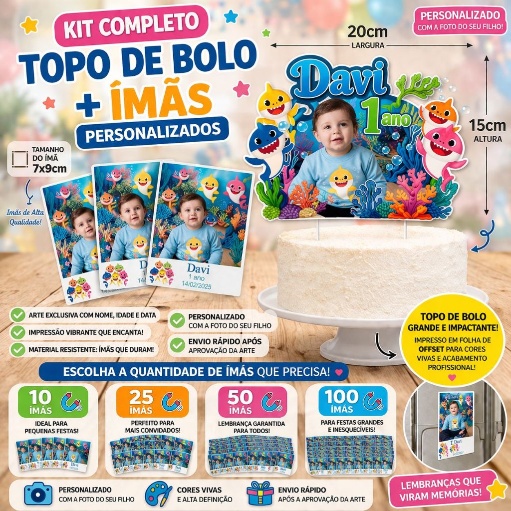 Topo de Bolo + 10 Ímãs de Geladeira Personalizado com sua idéia Lembrancinha Aniversário Infantil