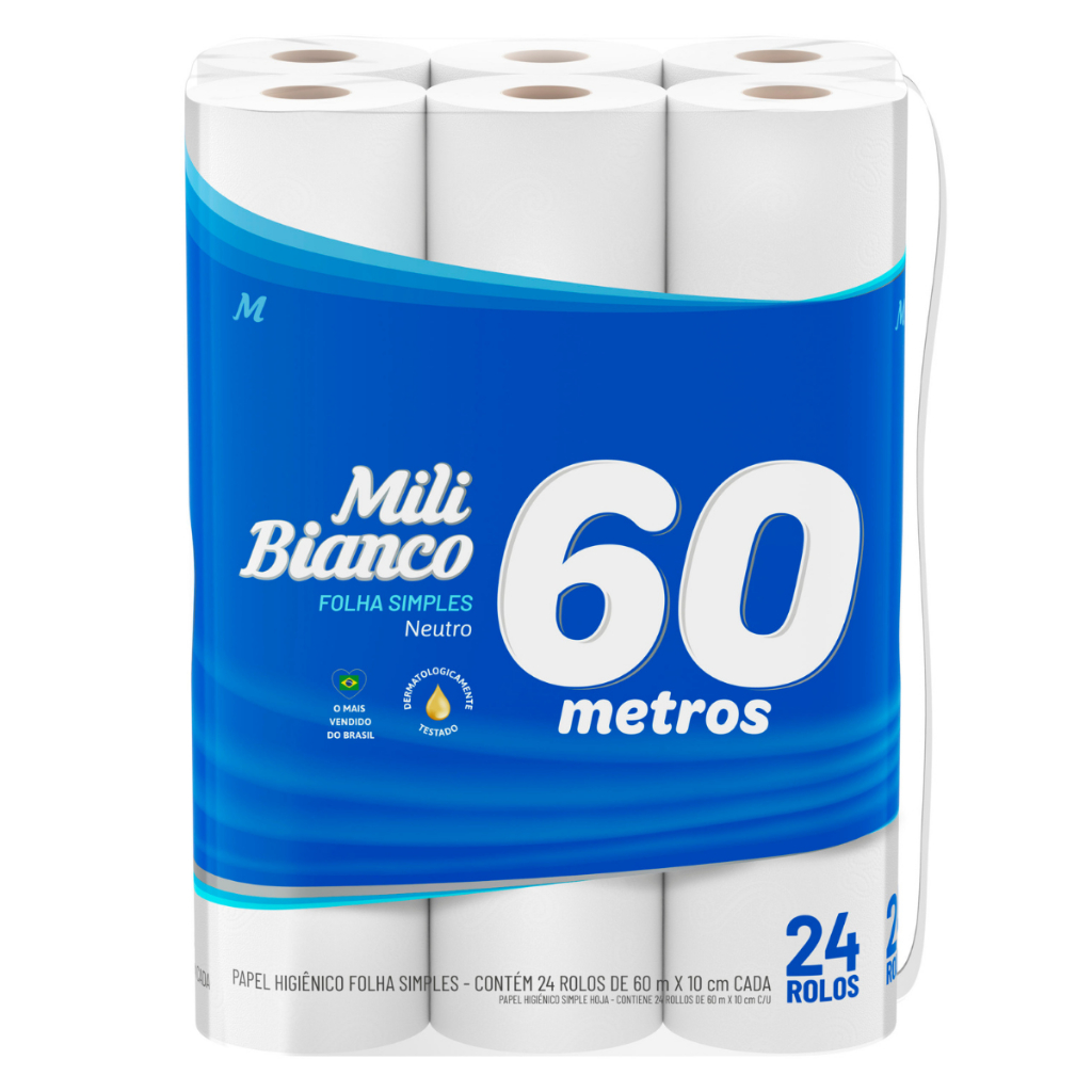 Papel Higiênico Folha Simples 60 Metros 24 Rolos - Mili Bianco