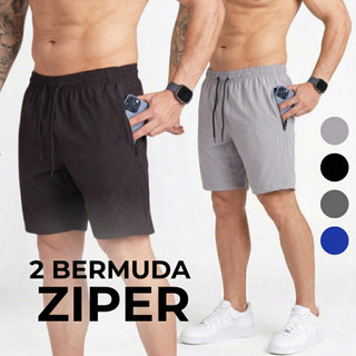 KIT 2 BERMUDAS TACTEL COM ZIPER  Para Academia com Elastano