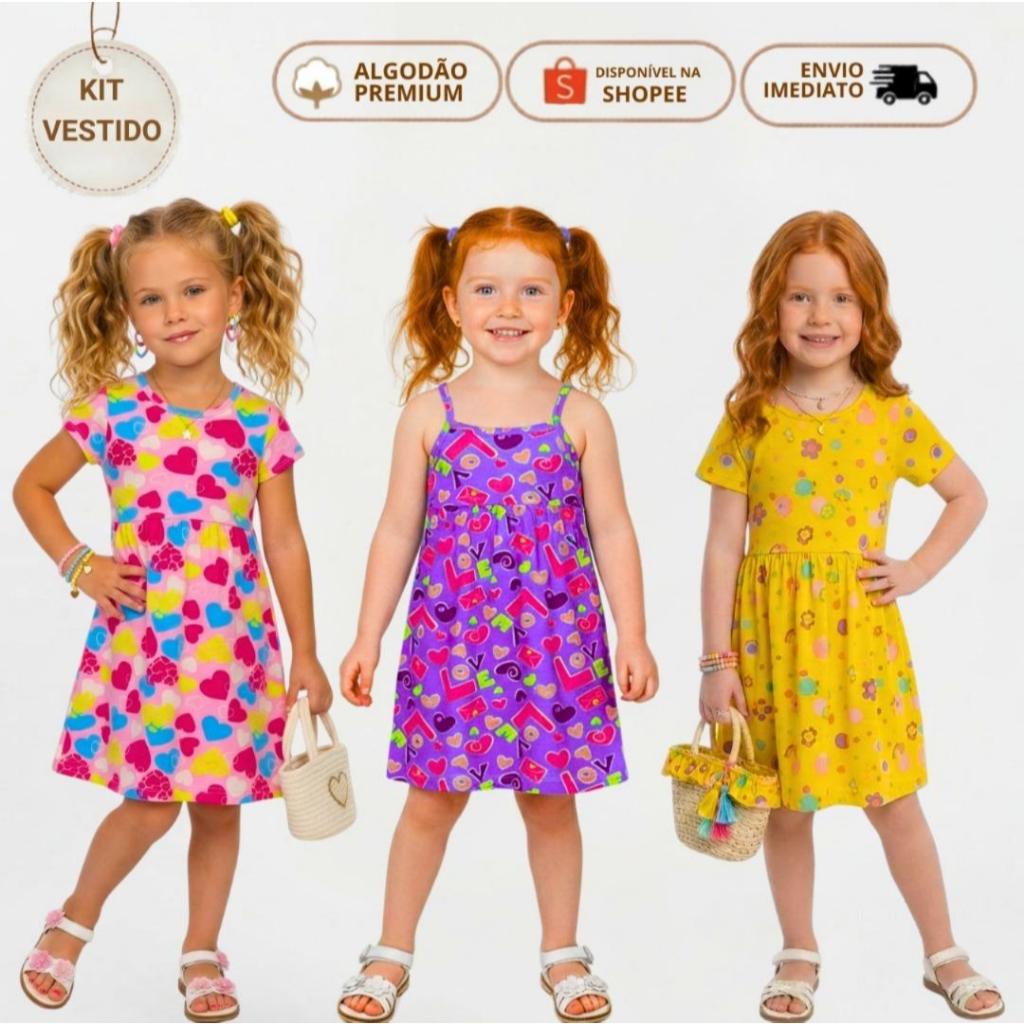 Kit 3 Vestido Infantil Bebê Menina Verão Regata Alcinha Manga Curta Calor Algodão Premium Estampado e Liso 1 ao 8 anos