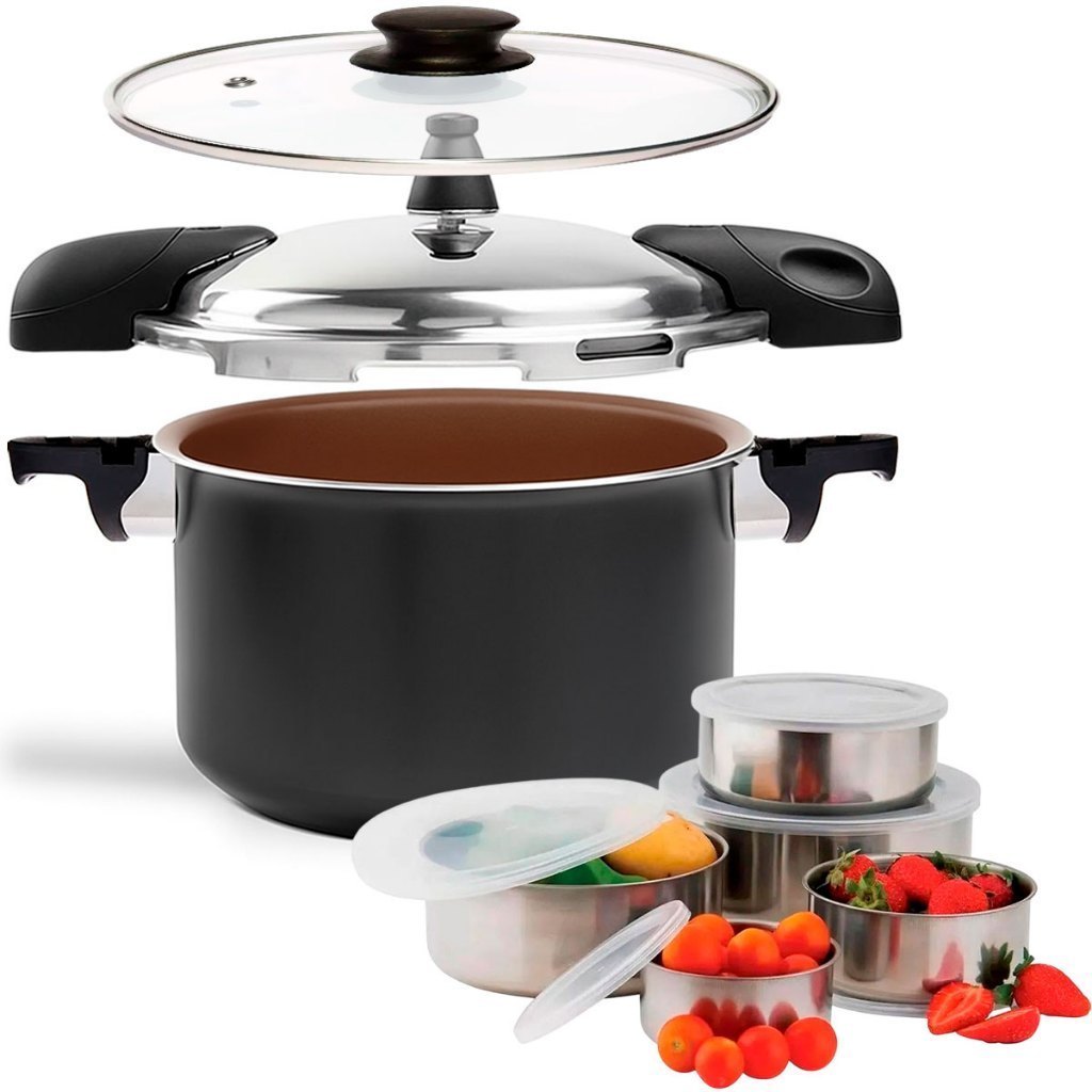 Panela de Pressão 2 em 1 Brinox Pressure 5,4 Litros com Fundo Triplo e Indução com Kit 5 Potes Inox