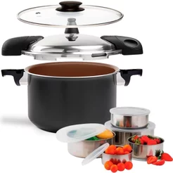 Panela de Pressão 2 em 1 Brinox Pressure 5,4 Litros com Fundo Triplo e Indução com Kit 5 Potes Inox
