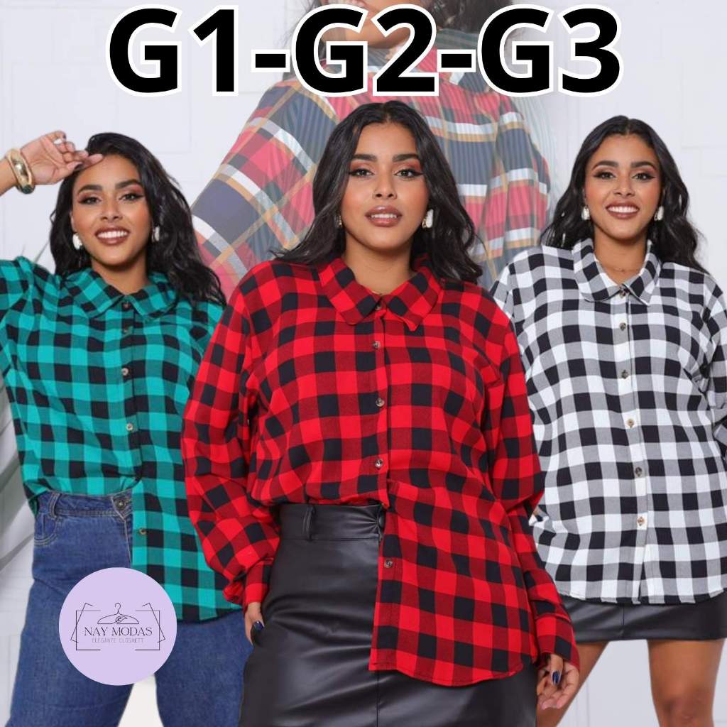 Camisa Xadrez Feminina Manga Longa Plus Size G1 G2 G3 Tecido Duna Social Junina Elegante