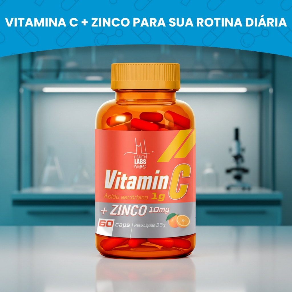 Vitamina C Com Zinco 60 Cápsulas 1g Antioxidante Formação Colágeno Pele Suplemento Imunidade Diária