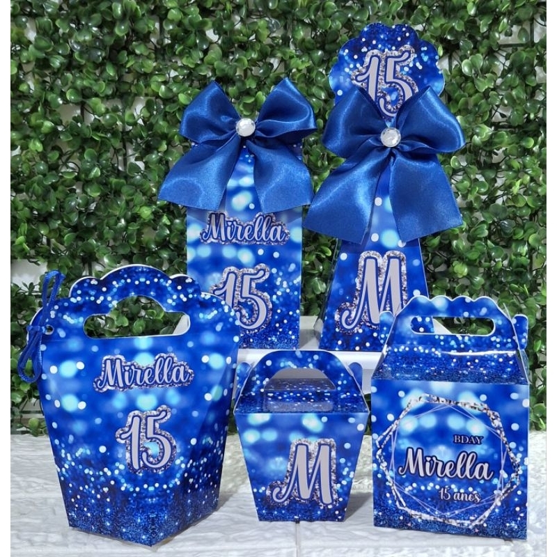 Kit Caixinhas 15 anos, Azul Royal/Prata.Lembrancinha Personalizada Aniversário(FAZEMOS TDS IDADES)