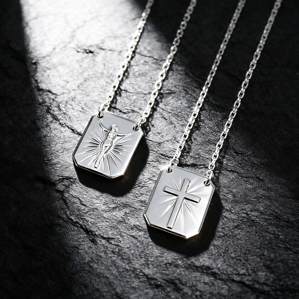 Escapulário a prata 925 Corrente Masculino com Placa Cruz e Jesus Cristo Crucifixo Banhado a prata 925