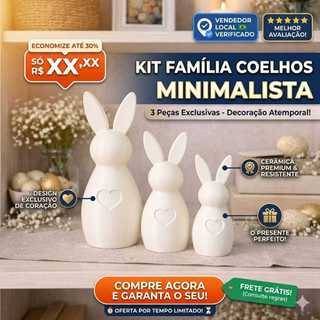 Enfeite De Páscoa Trio de Coelhos Decorativos Minimalista Coração Kit 3 Peças
