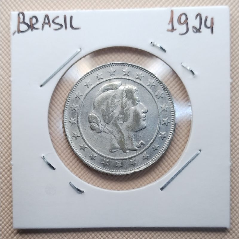 Moeda do Brasil, valor 2000 Réis, ano 1924, Prata, Efígie da República (Mocinha), Diâmetro 26mm, Peso 8g