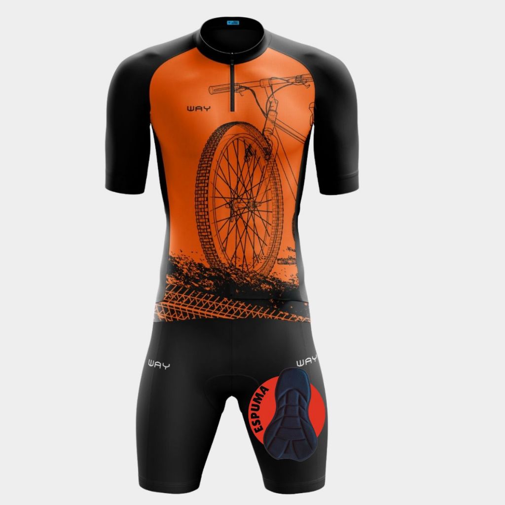 Conjunto Ciclismo Masculino Bike Roda Laranja Camisa Bermuda Forro Espuma Uv Mtb