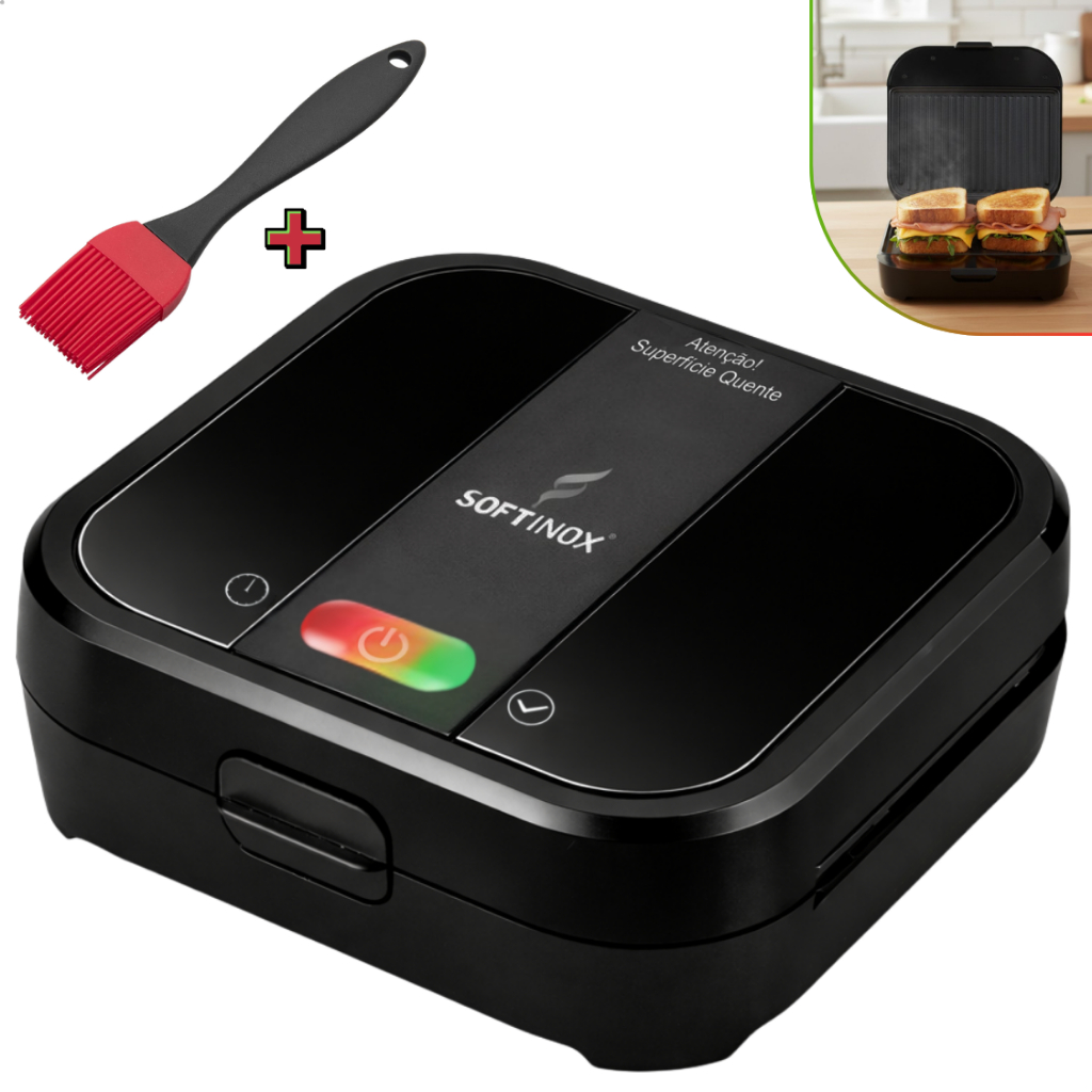 Imagem Sanduicheira Elétrica e Grill Churrasqueira 2 em 1 Antiaderente + Pincel de Silicone 750w 127v/220v