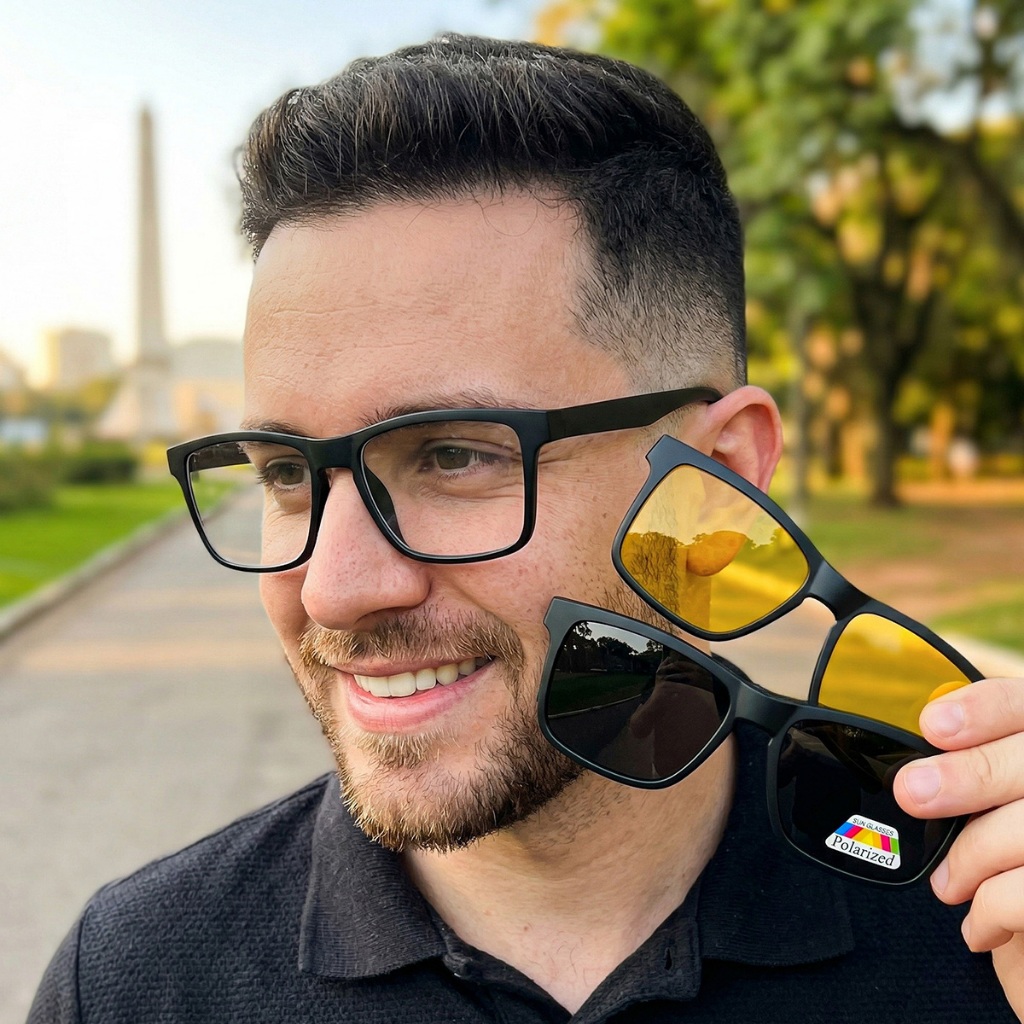 Armação de Óculos e Clip On Solar 3 em 1 preto e amarelo masculino