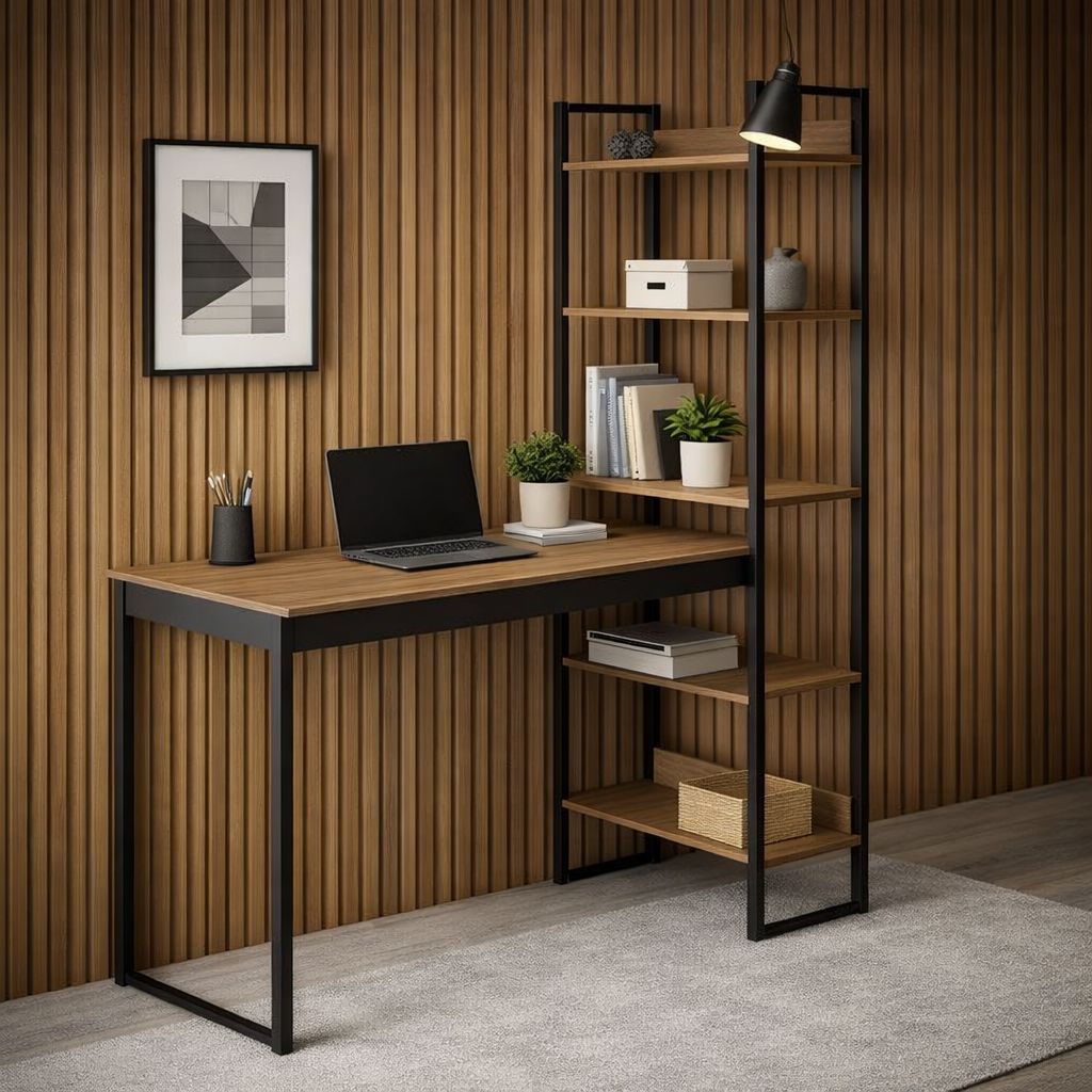 QUEIMA DE ESTOQUE - Mesa para Escritório com Estante Integrada 5 Prateleiras - Design Industrial