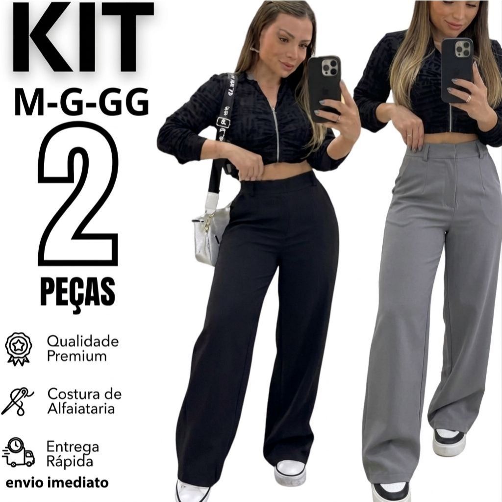Kit 2 Calças Pantalona Alfaiataria Cintura Alta Com Bolso PROMOÇÃO