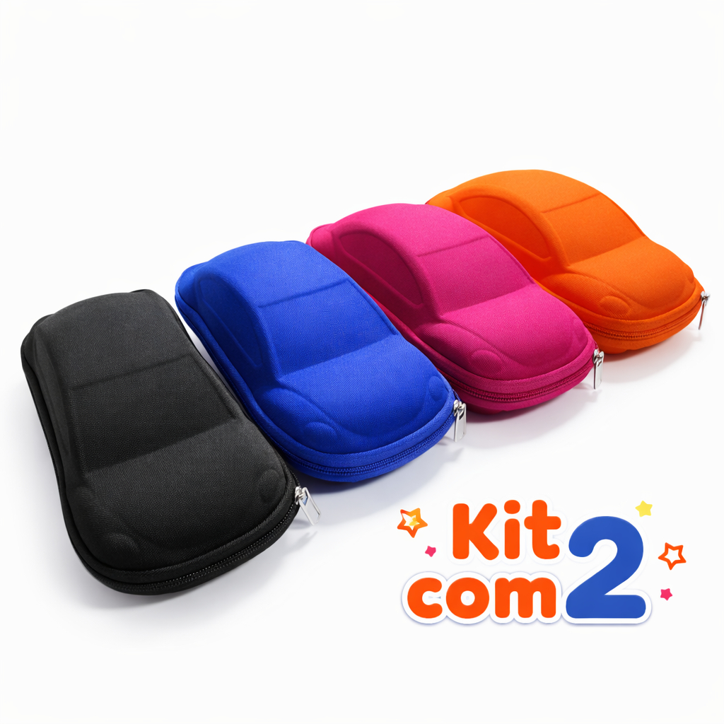 Estojos para Óculos Infantil Kit 2 Unid. Formato Carrinho com Zíper Acompanha Flanela Envio Rápido