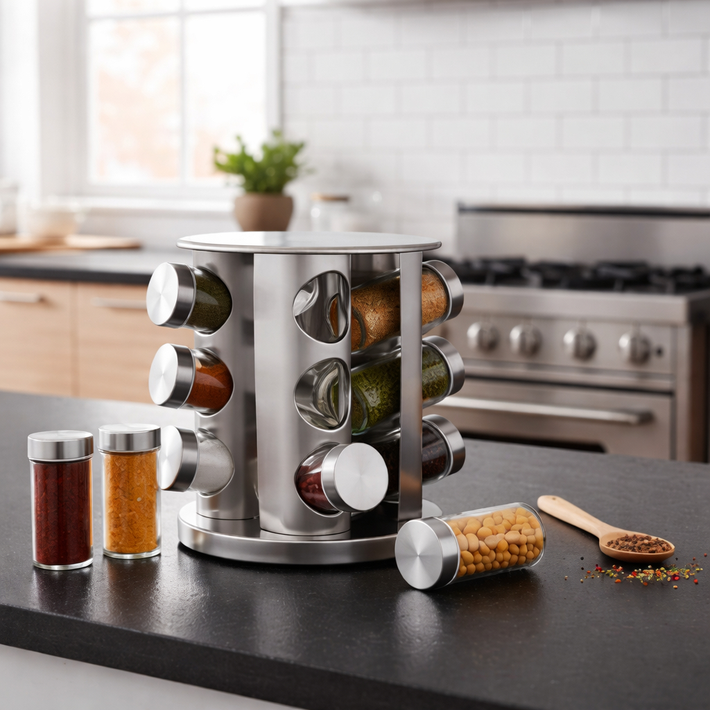 Porta Tempero Inox Giratório Vidro 12 Potes 360