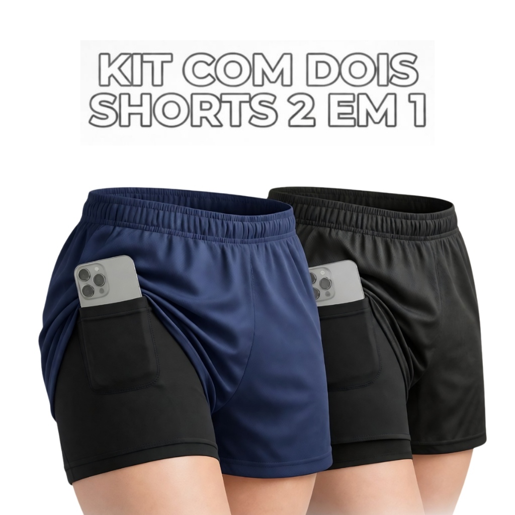 Kit 2 Shorts Feminino 2 em 1 Compressão Academia Corrida Fitness