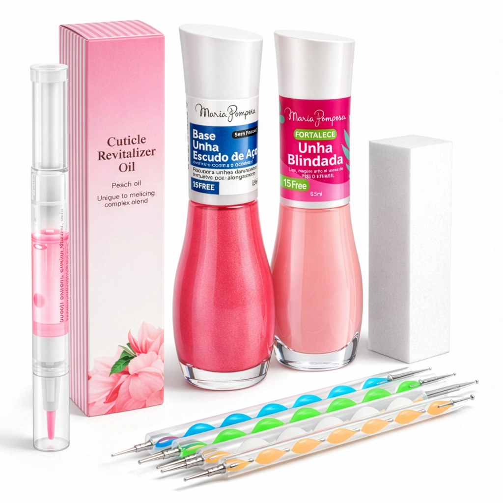 Kit Maria Pomposa Base Escudo Aço Unha Blindada Boleadores 10 Pontas Lixa Caneta Óleo