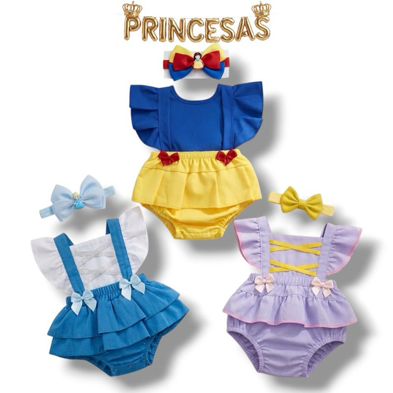 Body Bebê Princesas Mesversário Fantasia Infantil Romper com Laço