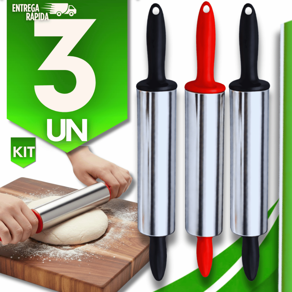 KIT 3/2/1 Rolo de Massa Cilindro de abrir Massa Inox com Cabo  37,5cm Premium Utilidades Sortidas
