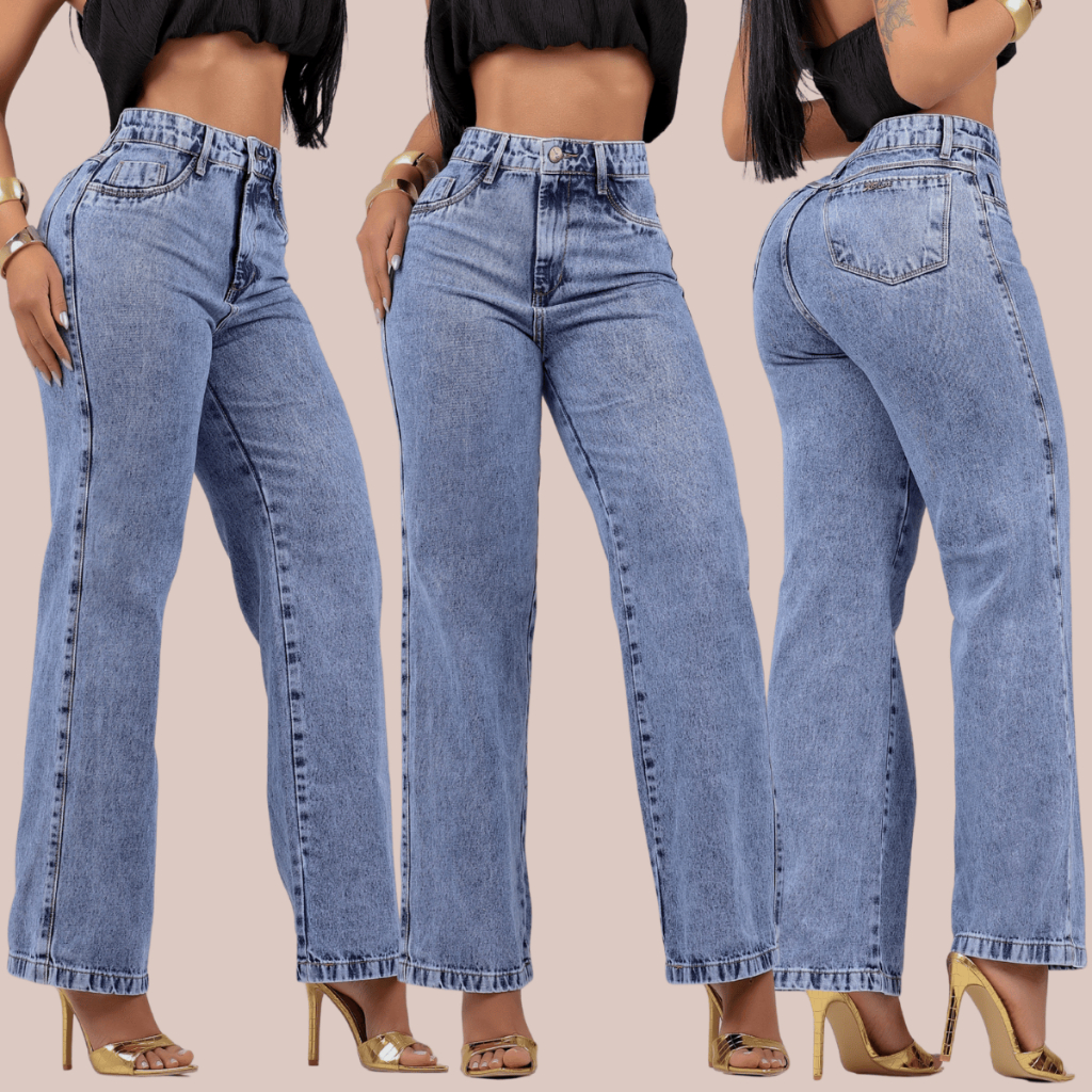 Calça Wide Leg Jeans Feminina Premium Cintura Alta 100% Algodão Sem Lycra