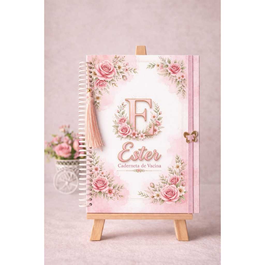 Caderneta de Vacinação Personalizada Floral com Letra Inicial Nome - Capa Dura Bebê Menina