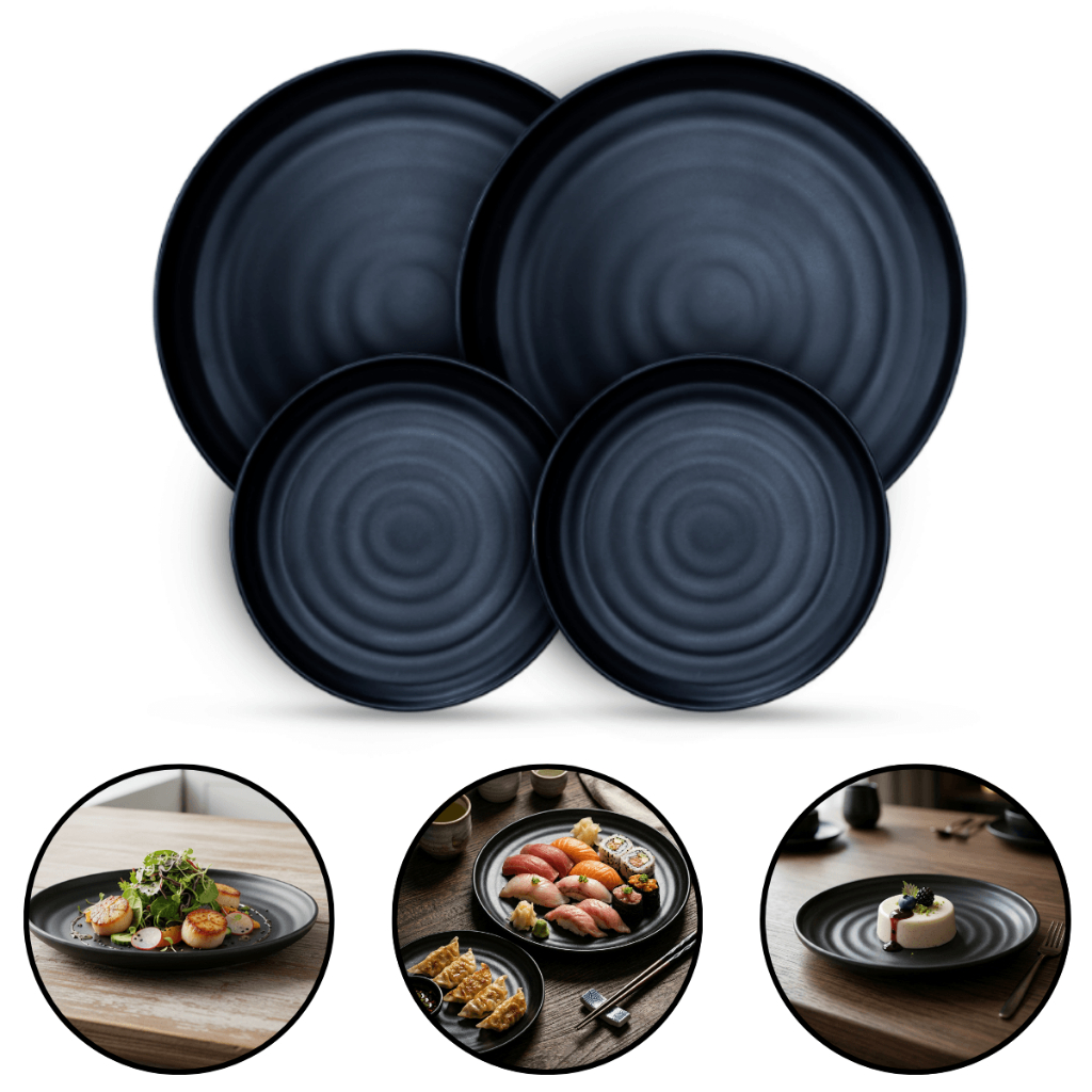 Kit 4 Pratos De Melamina Pretos Para Jantar Sobremesa Sushi Comida Japonesa Cozinha Restaurante Buffet Serve 2 Pessoas