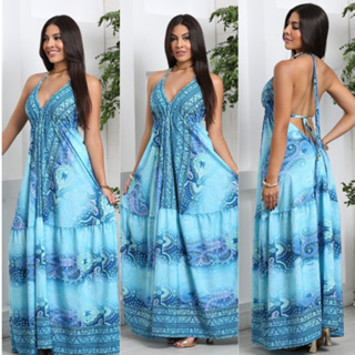 VESTIDO INDIANO LONGO ESTAMPADO NOVA ESTAMPA VARIAS CORES EXCLUSIVOS E TAMANHOS ABERTURA NAS COSTAS ALSINHA CORTE V em Oferta na Shopee