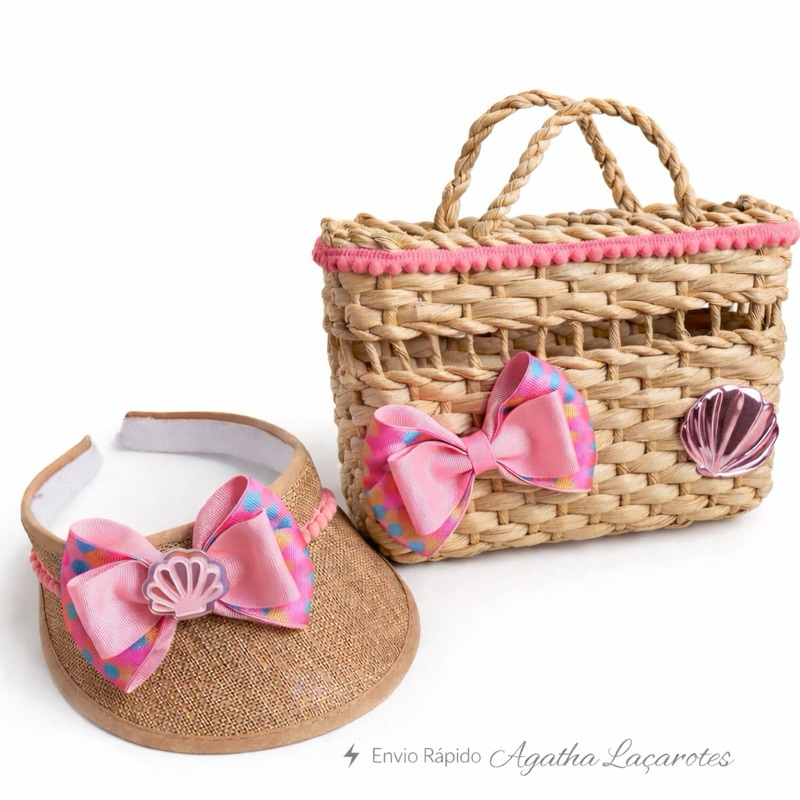 Kit Praia Infantil Menina - Bolsa de Palha + Viseira com Laço Personalizado - Conjunto Verão e Passeio Proteção Solar