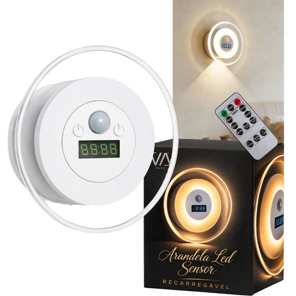 Arandela Relógio com Visor LED Controle 3 Cores luz Noturna com Sensor Moderna Sala Quato Varanda Vazzo
