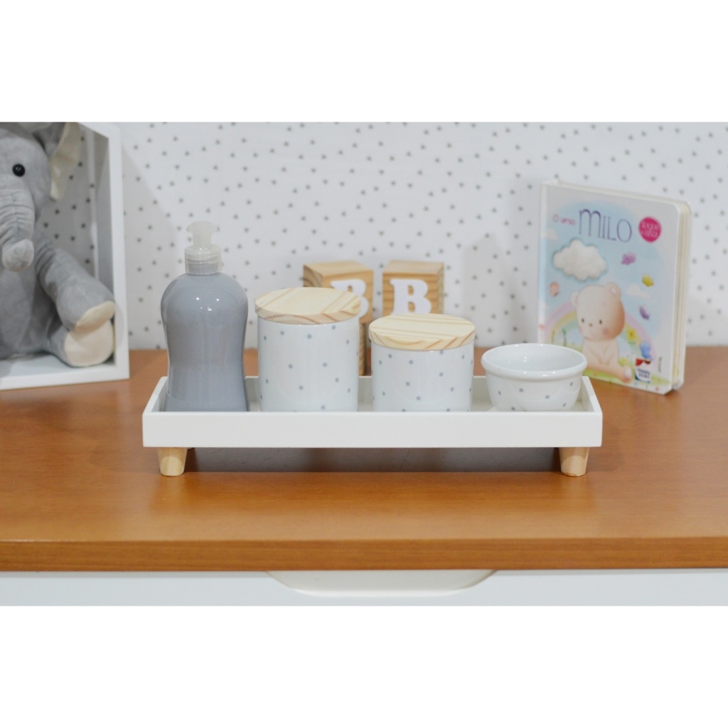 Kit Higiene Porcelana Poa Cinza Promoção Maternidade Bebê Unissex Quarto Infantil Potes Algodão Cotonete