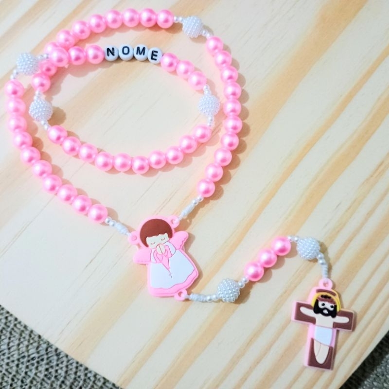 Terço Infantil Católico Rosa com Anjo e Cruz Emborrachada – Lembrancinha, Batizado, Presente
