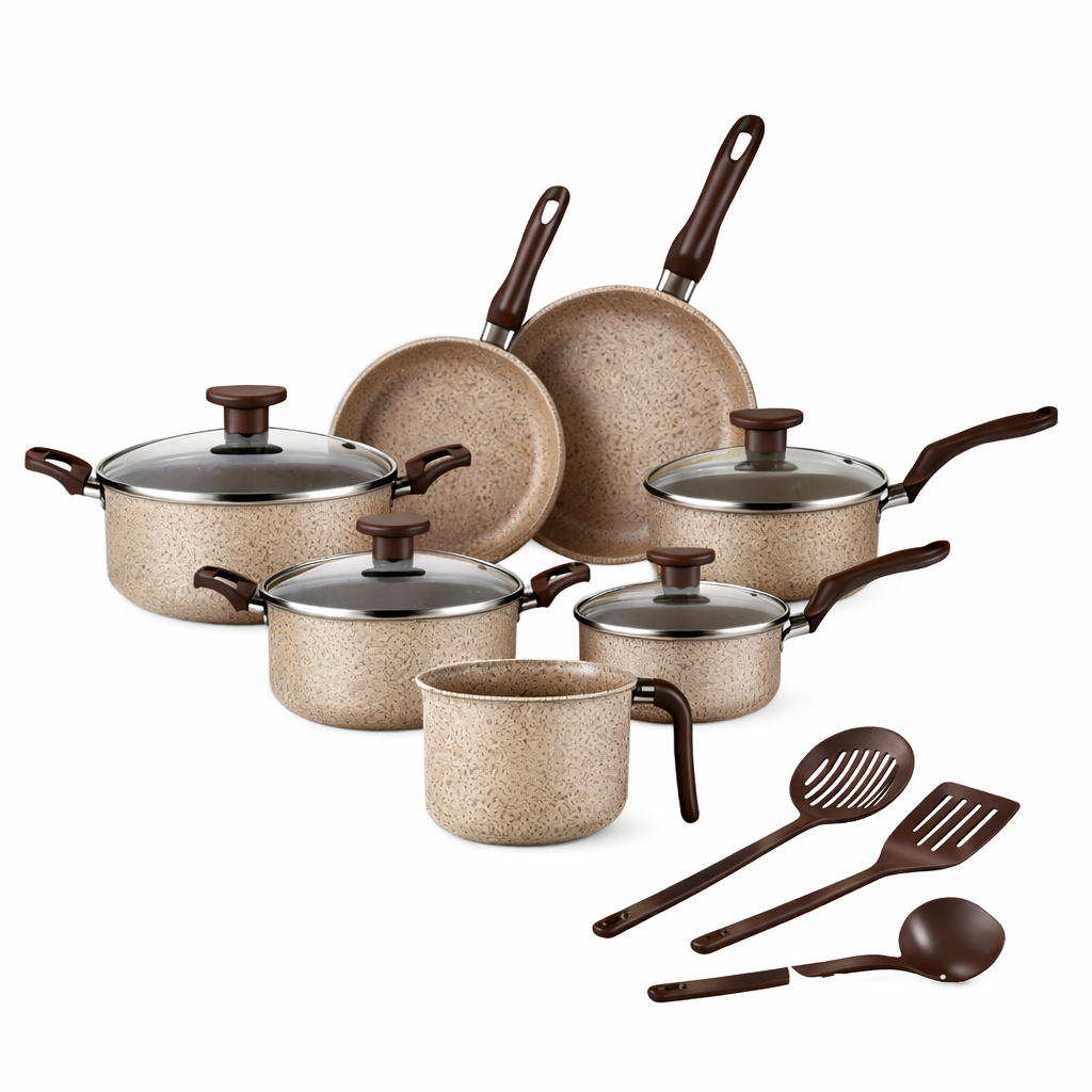 Jogo De Panelas 10 Peças Antiaderente Conjunto Caçarola Frigideira Fervedor Cor Coffee Cappuccino Kit Talheres