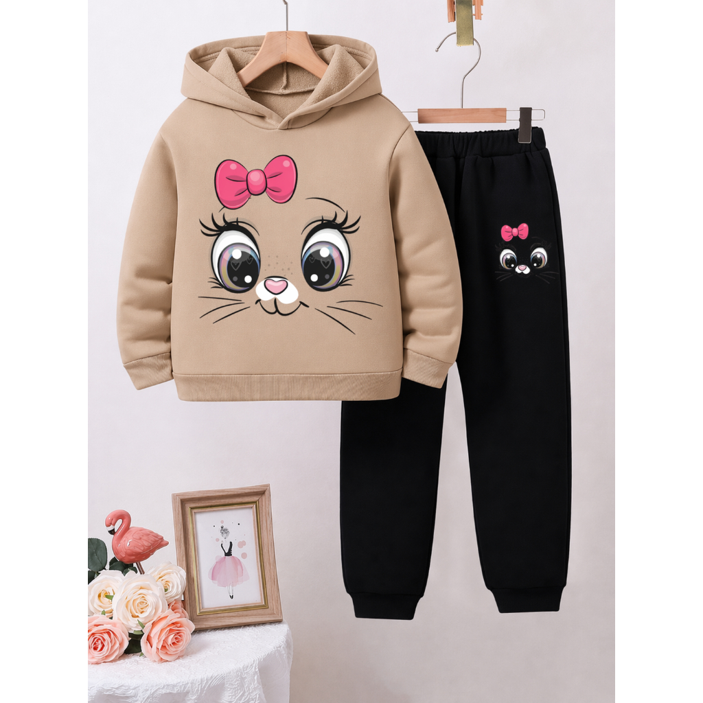 Conjunto Moletom Infantil Algodão Inverno Blusa De Frio Canguru Meninas Calça Cós Ajustável Crianças