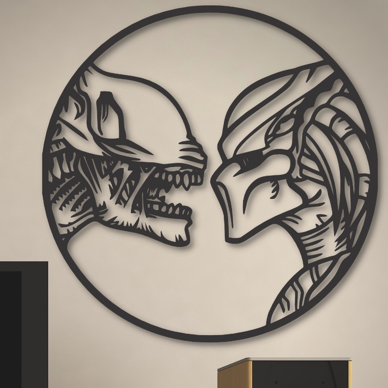 Placa Quadro Decorativo Alien VS Predador Filme Cinema Cinéfilo Madeira MDF Com Fita Dupla Face Adesiva Preto Fosco