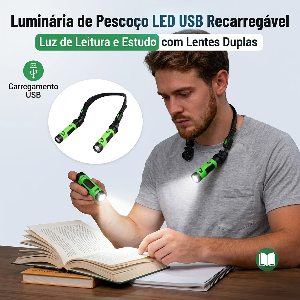 Luz de Leitura LED com Pescoço Flexível | Recarregável USB, Mãos Livres, Portátil