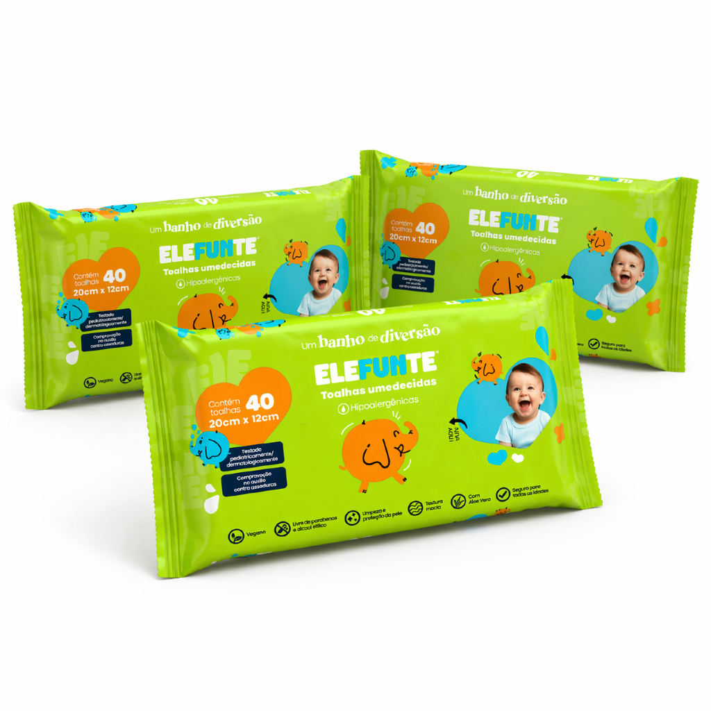 Lenço Umedecido Elefunte 40 Folhas Hipoalergênico Kit 3un